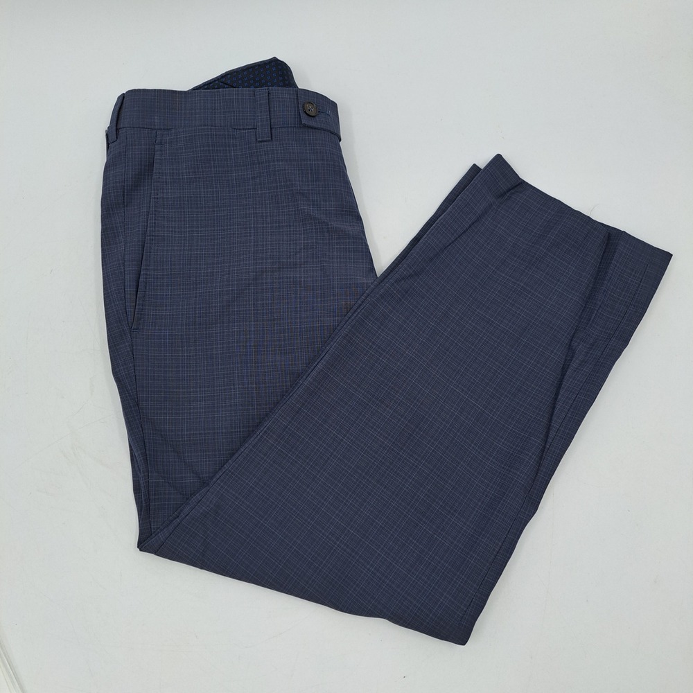 Ted Baker Jefferson Dress Pants Mens 32R 100% Wool Navy Blue Glen Plaid Cuffed